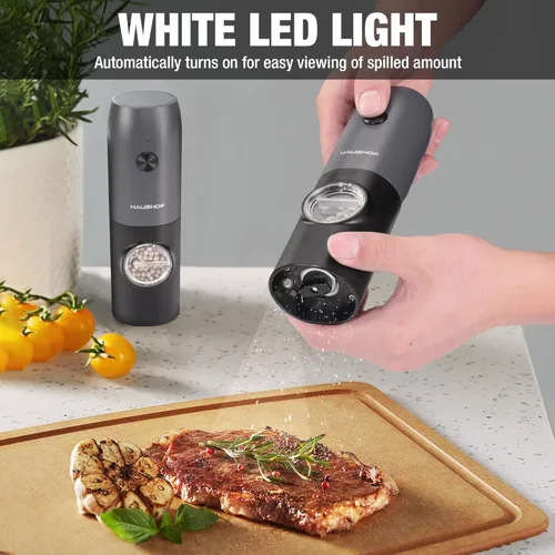 Vista 4 de HAUSHOF Juego de 2 piezas de molinillo eléctrico de sal y pimienta, molinillo de pimienta automático recargable por USB y molinillo de sal