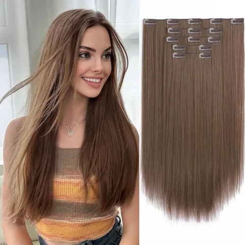 Vista 19 de Extensiones de cabello sintético con clip, color burdeos de 18 pulgadas de largo, invisibles, gruesas, extensiones de cabello lacio con clips, 5