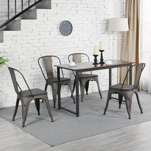 Vista 6 de Yaheetech Juego de 4 sillas de comedor de metal, sillas de cocina apilables industriales con asiento superior de madera para comedor, restaurante
