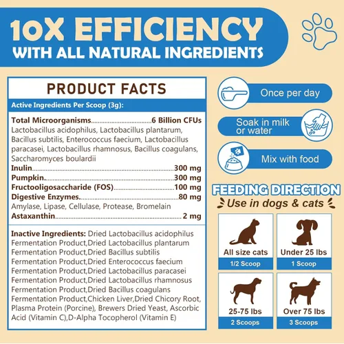 Vista 6 de 6 mil millones de UFC probióticos en polvo para perros con calabaza, prebióticos y enzimas digestivas para la salud digestiva, intestinal e