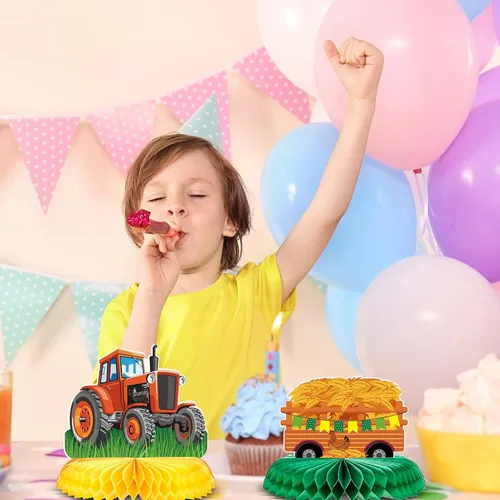 Vista 5 de Zonon 6 piezas de decoración de cumpleaños de tractor, centro de mesa de panal de abeja, suministros de fiesta, decoración de granja para tractores