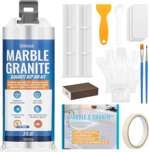 Kit de reparación de virutas de cuarzo para encimera, kit de reparación de granito blanco y mármol, adecuado para granito, mármol, piedra de cuarzo