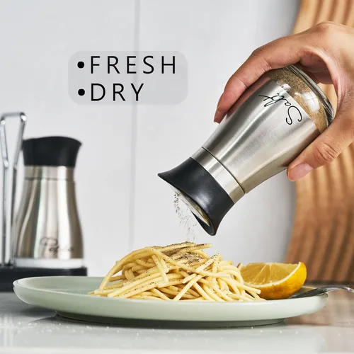 Vista 2 de Lonffery Juego de saleros y pimenteros, recipientes de sal de acero inoxidable con botella de vidrio para mesa, RV, campamento, barbacoa, juego de 2