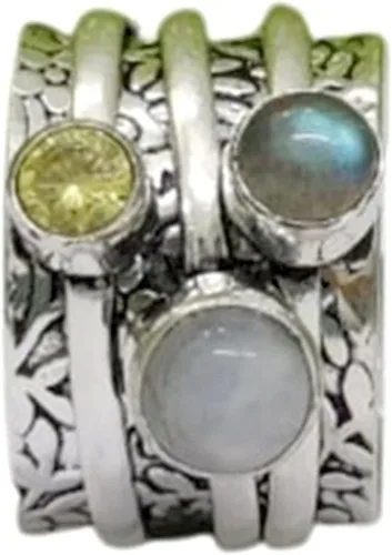 Vista 7 de Multi-Gemstone Spinner Ring for Women, 925 Sterling Silver Boho Meditation Band with Amethyst, Moonstone, Opal, Garnet, Gift for Her