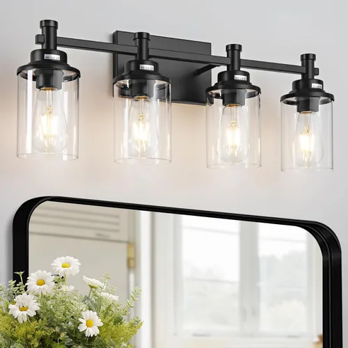 Vista 18 de Lámparas de baño de 3 luces, modernas luces negras de tocador sobre el espejo, aplique de pared con pantalla de vidrio transparente y base de metal