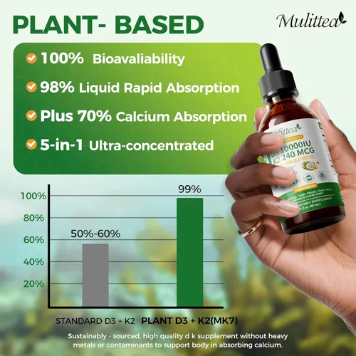 Vista 6 de Mulittea Líquido orgánico de vitamina D3 K2 con aceite de linaza y coco MCT vegano Omega-3, 10000 UI, líquido de vitamina D, sin rellenos, K2 sin