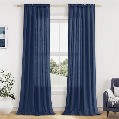 Vista 64 de Guken Cortinas de lino verde aguamarina de 84 pulgadas de largo, juego de 2 paneles semitransparentes con bolsillo para barra para comedor