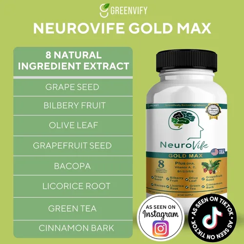 Vista 2 de NeuroVife Gold Max Suplemento de apoyo cerebral 8 extractos naturales con DHA, vitaminas A, C, complejo B 60 cápsulas vegetales Fabricado