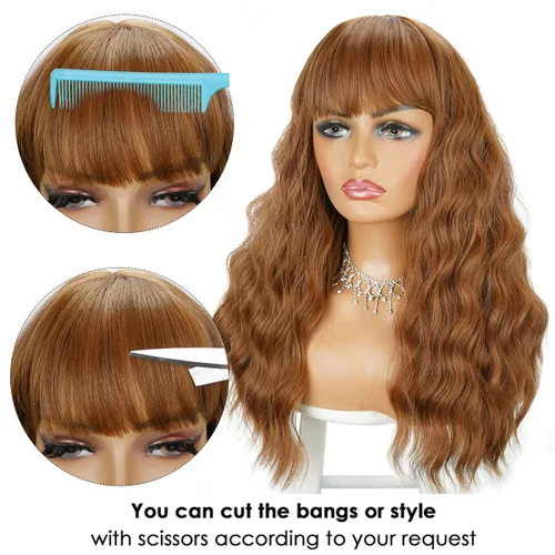 Vista 3 de Pelucas marrones, peluca larga marrón con flequillo, pelucas de cabello largo y rizado ondulado para mujer, fibra sintética resistente al calor