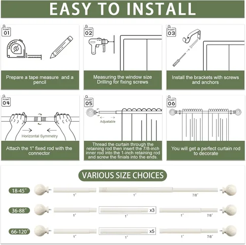 Vista 9 de Barras de cortina de madera blanca para ventanas: HTZON 1" Barra de cortina rústica de estilo granja estilo bohemio para sala de estar y dormitorio