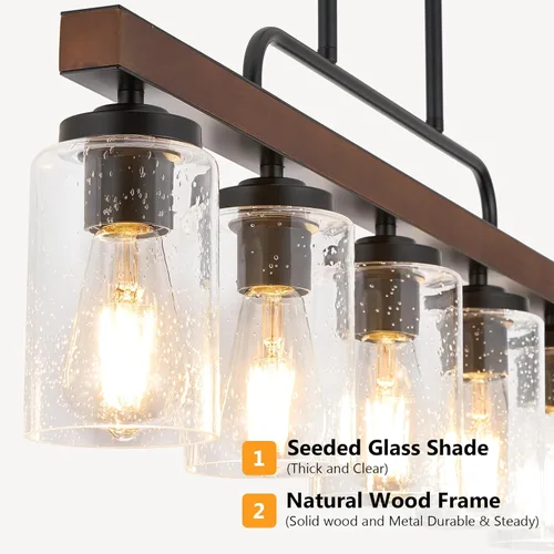 Vista 2 de Lámpara de Comedor Estilo Granja, Iluminación de Isla de Cocina de Madera de 4 Luces, Candelabros Industriales para Comedor Sobre Mesa, Lámpara