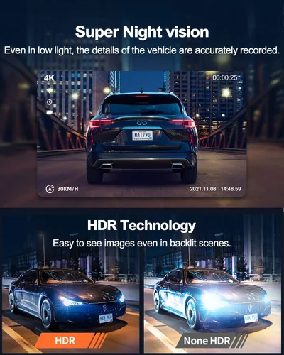 Vista 3 de Cámara de tablero 4K real frontal y trasera, Wi-Fi GPS de 5.8 GHz, cámara dual HDR con sensor de nivel superior, pantalla IPS de 3.3 pulgadas