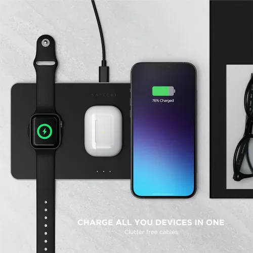 Vista 5 de Satechi Trio - Cargador inalámbrico con almohadilla magnética, certificado Qi, compatible con iPhone 16 Pro Max/16 Pro/16/16 Plus, AirPods Pro/Gen