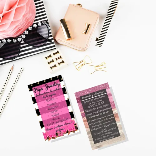 Vista 6 de Tarjetas españolas de limpieza y cuidado de joyas Paquete de 50 Instrucciones de cuidado de Jewelry Bling Queen en español Rayas con diseño floral