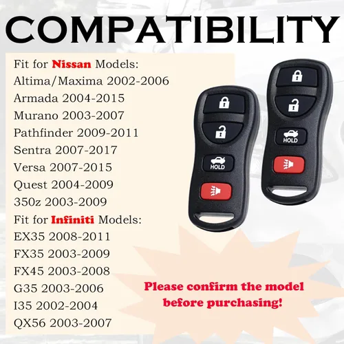 Vista 2 de SUPALAND Llavero de control remoto de entrada sin llave de reemplazo Compatible con Nissan Altima Maxima Armada Murano Pathfinder Sentra 2007-2017