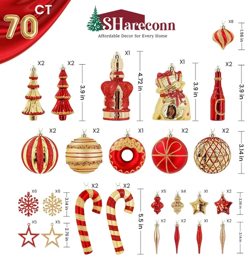 Vista 2 de SHareconn Juego de 70 adornos clásicos de bolas de Navidad 2025, bolas de plástico inastillables, cinta y adorno para árbol de Navidad, vacaciones
