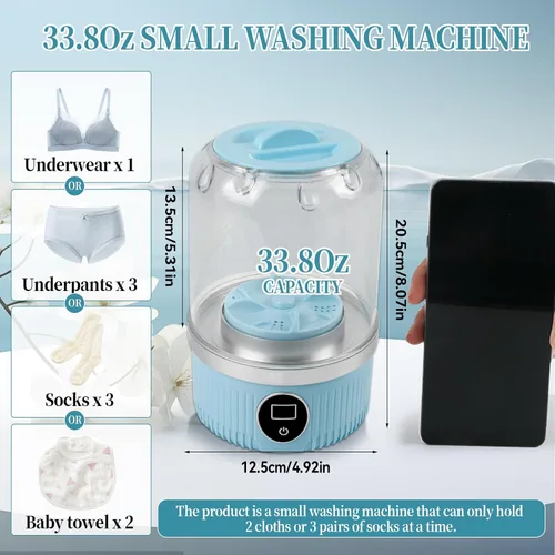Vista 4 de JOJOCY Mini lavadora portátil, recargable de 15 W, lavadora de ropa interior inalámbrica para brasier, calcetines, ropa de bebé, uso de viaje y Azul