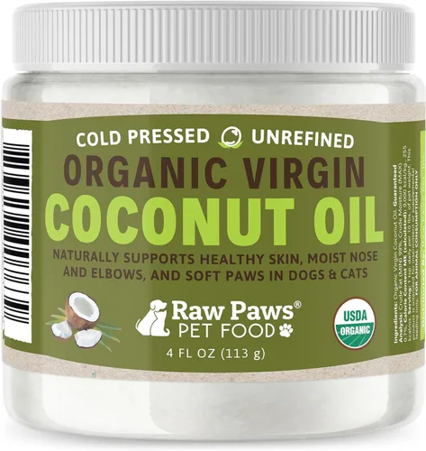Raw Paws Aceite de coco orgánico virgen para perros y gatos, 4 onzas, tratamiento para picazón en la piel, nariz seca, patas, codos, loción de
