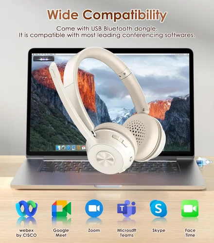 Vista 5 de Soothielec Wireless Headset with Mic for Work, Bluetooth Headset with Noise Cancelling Microphone, Headphones with Mic Mute & USB Dongle for