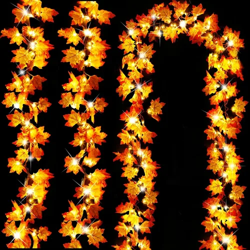 Vista 8 de Guirnalda de otoño con luces de calabaza, 30 pies, 60 luces LED patentadas, hojas de arce ampliadas, funciona con pilas, para interiores