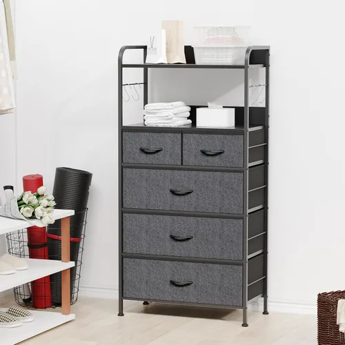 Vista 2 de Jojoka Cómoda para dormitorio con 5 cajones, cómodas y cajoneras para pasillo, entrada, unidad organizadora de almacenamiento con tela, marco