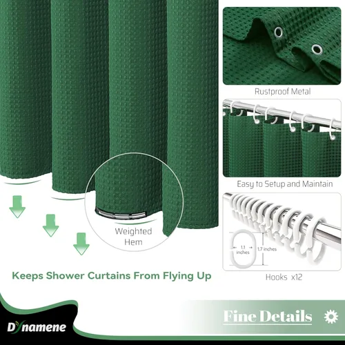 Vista 6 de Cortina de ducha de tela Dynamene verde oscuro - Cortinas de baño de tela de nido de abeja texturizadas resistentes, juego de cortinas de baño