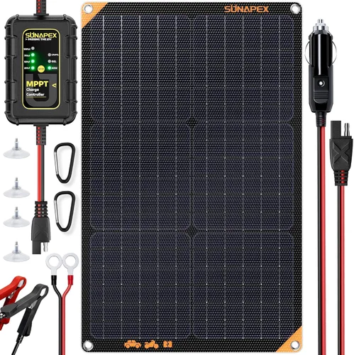 Vista 16 de SUNAPEX Cargador de Mantenimiento Solar de 12V 30 Vatios - Cargador de Batería Impermeable Alimentado por Energía Solar - Kit de Panel Solar