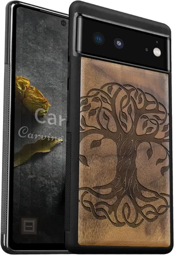 Vista 14 de Carveit Funda de madera para Pixel 6 [madera real dura y TPU suave] a prueba de golpes, funda protectora híbrida única y elegante de madera
