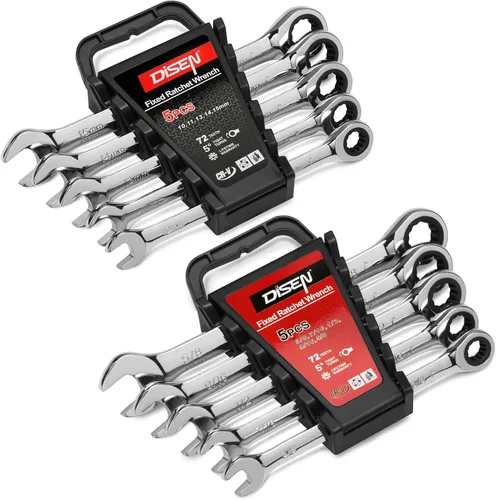 DISEN Juego de 10 llaves de trinquete SAE y métricas con organizador de estante, acero CR-v premium, 12 puntos, 72 dientes, extremo de caja y