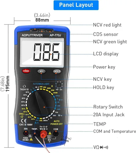 Vista 2 de Multímetro digital AP-770J Multímetro automotriz Analizador de motor Manual de rango NCV Multi Tester Medida