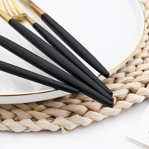 Vista 5 de Juego de vajilla de 24 piezas de acero inoxidable 1810 con mango negro para cenas y postres, juego de cubiertos para el hogar, restaurante, servicio