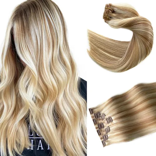 Vista 16 de Extensiones de cabello humano real con clip, rubio ceniza balayage con reflejos rubios, extensiones de cabello humano real Remy con clip, 12