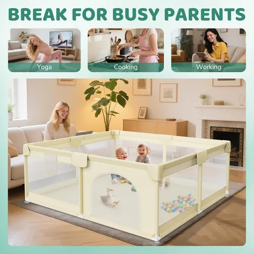 Vista 4 de Corralito para bebés de 64 x 64 pulgadas para bebés y niños pequeños, corralito extragrande para interiores y exteriores, con malla suave