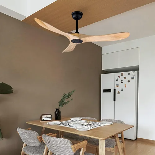 Vista 6 de Ventilador de techo de madera para interiores y exteriores de 52 pulgadas, ventilador de techo CC de 3 aspas con control remoto, 2 varillas Madera