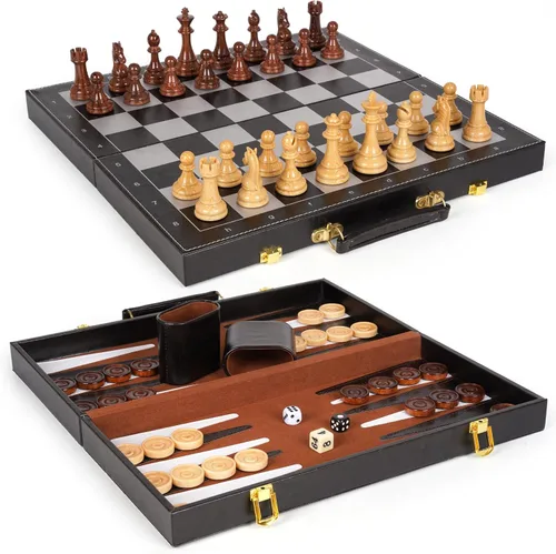 Vista 7 de Juego de ajedrez magnético 3 en 1 y juego de mesa de backgammon de damas, tablero de ajedrez plegable de madera de 15 pulgadas, juego de ajedrez