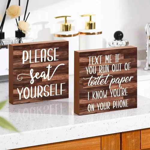 Vista 13 de Jetec 2 Piezas de Decoración de Señales de Baño de Granja, Señales de Madera Divertidas para Pared de Baño, Placa de Madera Rústica "Please Seat