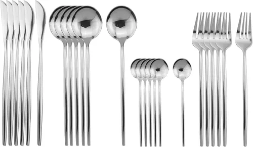 Vista 16 de Juego de cubiertos plateados con mango negro, 24 piezas de acero inoxidable brillante, cubiertos para 6, aptos para lavavajillas