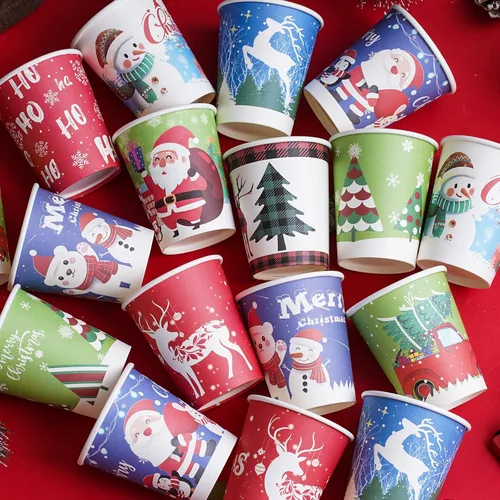 Vista 6 de Vasos de Navidad desechables, 120 unidades, tazas de papel, chocolate caliente, cacao, tazas de café para suministros de fiesta de Navidad, 9 onzas