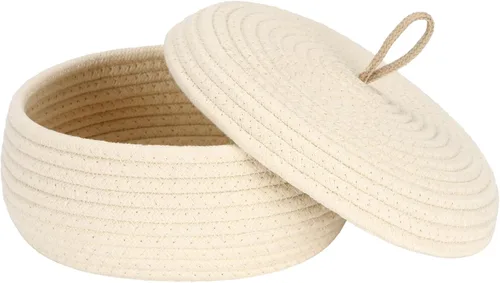 Vista 9 de Sea Team Cesta de almacenamiento redonda de cuerda de algodón con tapa, cesta de almacenamiento tejida con pompones de arcoíris coloridos, maceta