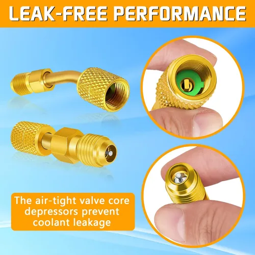 Vista 5 de Adaptador giratorio R410A para puerto de vacío de carga, convertidor de latón con adaptador SAE hembra de 5/16 pulgadas a SAE macho estriado de 1/4