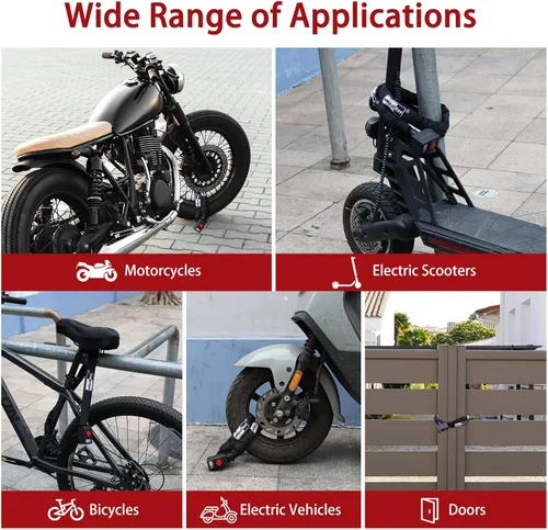 Vista 6 de BANGTING Candado de cadena de bicicleta de 4 pies resistente con alarma de 110 dB, cerradura de bicicleta resistente antirrobo con llave para Negro