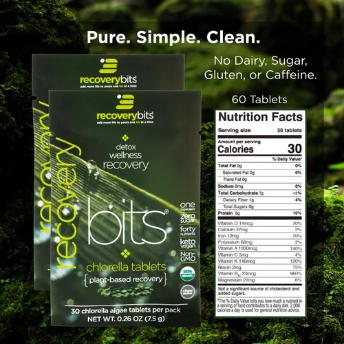 Vista 4 de RECOVERYbits - Tabletas orgánicas de algas de clorella, superalimento, algas verdes puras, alto contenido de proteínas y fibra, clorofila, pared