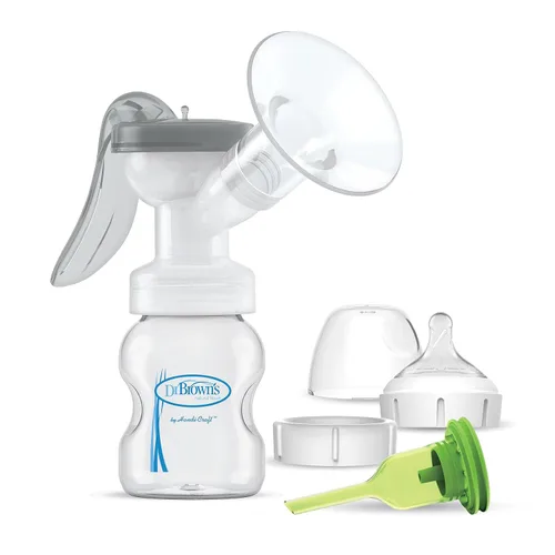 Vista 10 de Dr. Brown's Extractor de leche manual con escudo SoftShape 100% silicona (B, brida de 0.984 in) y opciones anticólicos+biberón de cuello ancho de 5