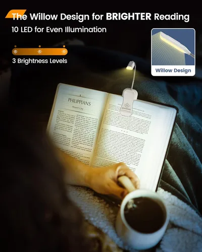 Vista 2 de Glocusent Willow Book Light, 10 LED, 3 colores y 3 niveles de brillo, recargable, ligero, con clip, diseño moderno, blanco puro, material ABS