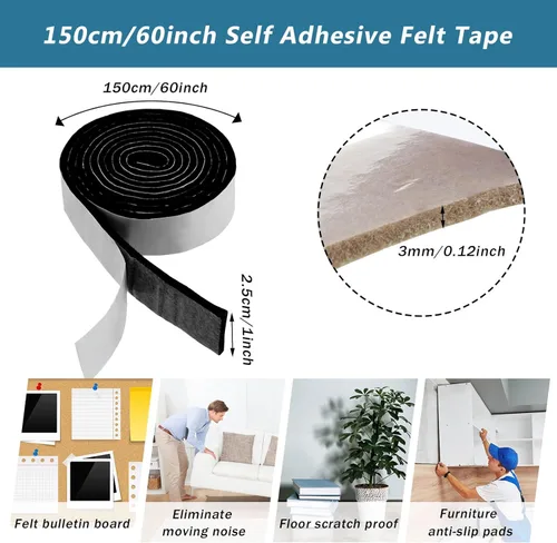 Vista 2 de Paquete de 2 almohadillas de fieltro para muebles, rollo de tira de fieltro resistente con respaldo adhesivo, cinta de fieltro para proteger suelos