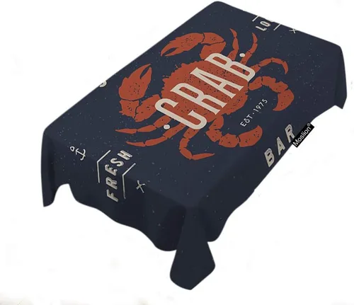 Moslion Mantel de cangrejo náutico dibujado a mano con letras temáticas de mar, patrón de animales, mantel rectangular costero marino, mantel de