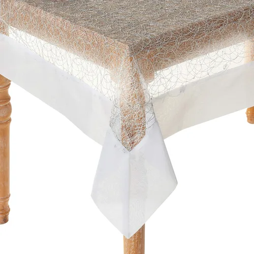 Vista 9 de Violet Linen Encaje de malla con diseño de borde, manteles de poliéster, 54 x 72 pulgadas, color plateado
