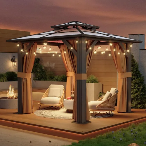 Vista 3 de Aoxun - Gazebo con techo rígido para jardines, patios con cemento o césped, pabellón permanente de policarbonato con doble techo, marco de aluminio