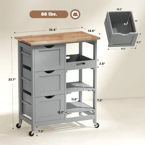 Vista 7 de HOMCOM Carrito de isla de cocina rodante, carrito de servicio de bar, carrito compacto con ruedas con parte superior de madera, estantes y cajones