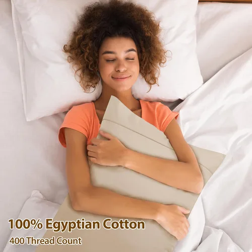 Vista 5 de Juego de 2 fundas de almohada 100% algodón egipcio, fundas de almohada refrescantes de 400 hilos, fundas de almohada suaves y transpirables con Beige